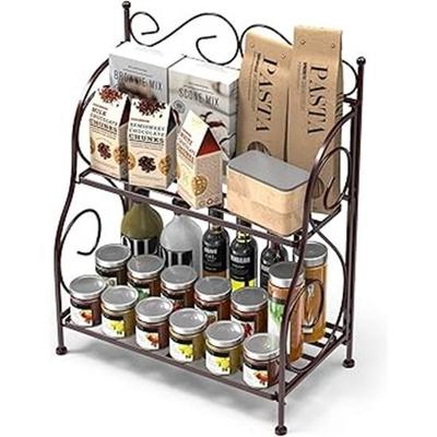 2-Tier Fordable Wrought and Cast Iron Spice Shelf Rack Kitchen Bathroom Counter Top Storage Organizer, Tiered Shelf