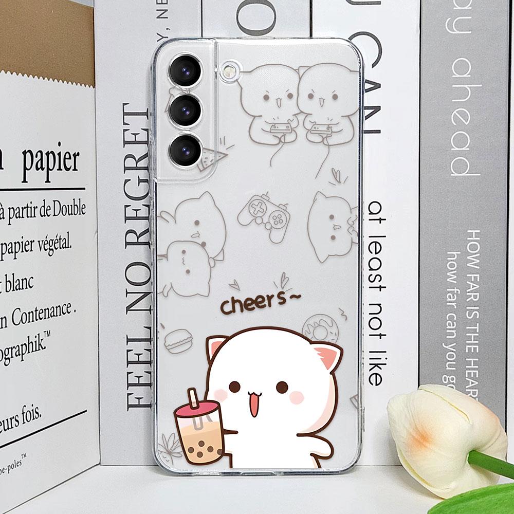 Cute Cartoon Cat Couple Phone Case for Samsung Galaxy S23 FE S22 Plus S21 S24 S25 Ultra Transparent Soft Cover Lover Pairs Funda