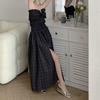 Plaid Strapless Dresses Women Side-slit Midi Summer All-match Korean Style Fairycore A-line Daily Long Dress