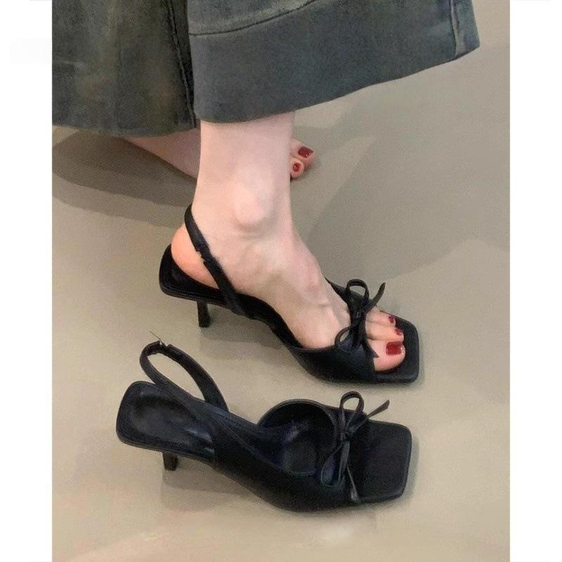 Square head bow open-toed sandals women's new rear strap stiletto high heels