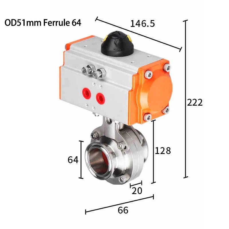 OD19-51mm Pipe 304/316L Stainless 1.5" 2" Tri Clamp Steel Sanitary Butterfly Valve With Pneumatic actuator For Home Brew
