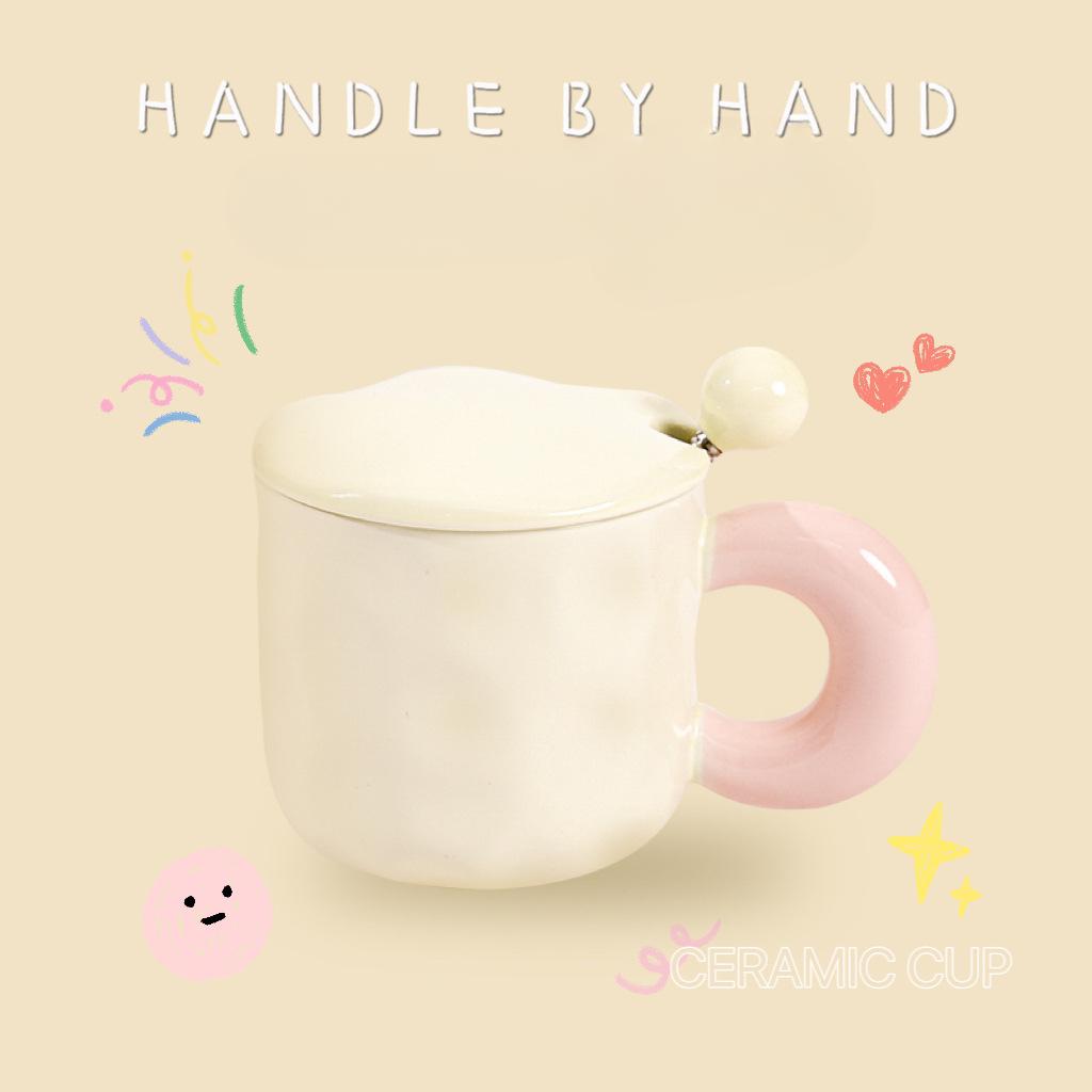 

Contrast Color Mug Girls High Value Cups for Household Drinking Water Ceramic Cup with Lid and Spoon Couple Water Cup 301-400ml