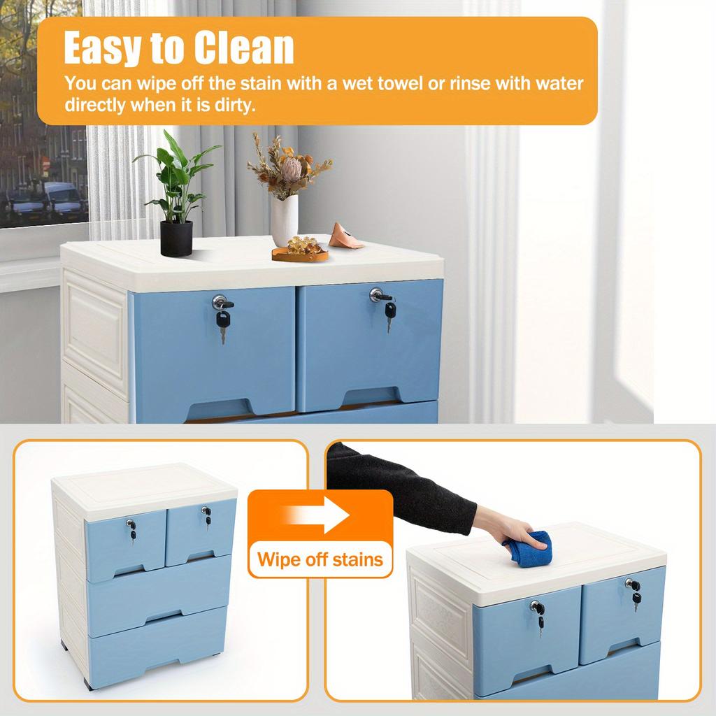 6-Drawer Modular Storage Cabinet – PP Plastic Dresser with Wheels & Locks – White/Blue – 50 x 35 x 102 cm