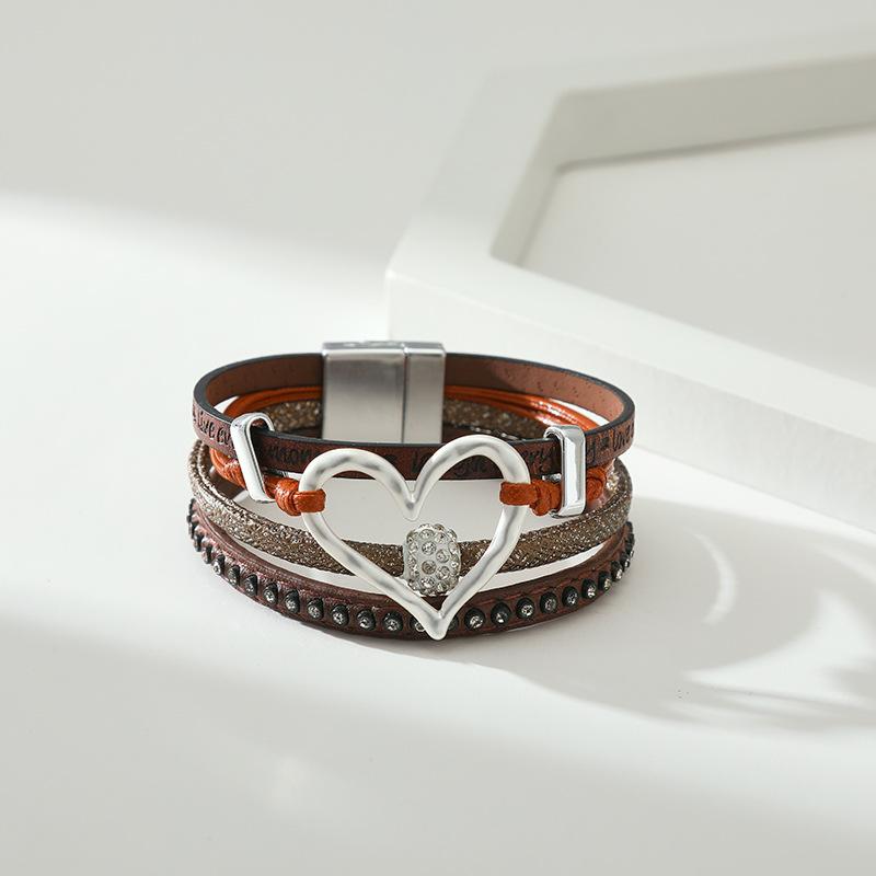 Vintage Multi-layer Leather Bracelet Womens Hollowed Out Heart-shaped Crystal Studded Magnetic Buckle Bangle Party Jewelry