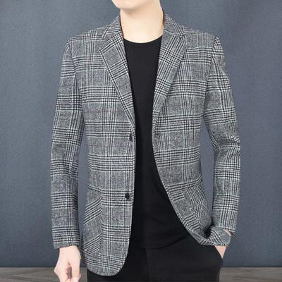 Men Suit Coat Lapel Long Sleeve Plaid Pattern Two Buttons Closure Suit Jacket with Pockets Slim