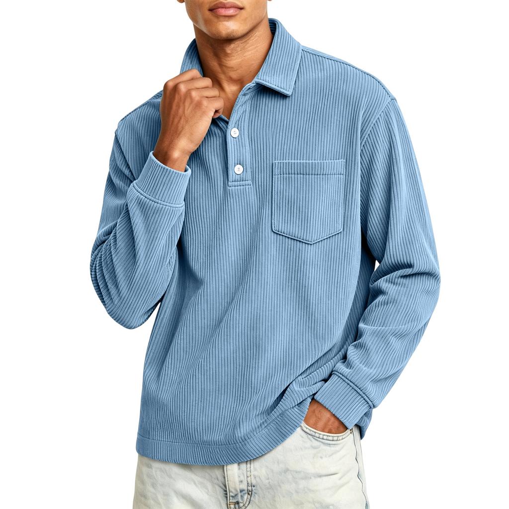 Men's Corduroy Long Sleeve Shirt with Pocket Retro Striped Casual Top for Fall and Winter