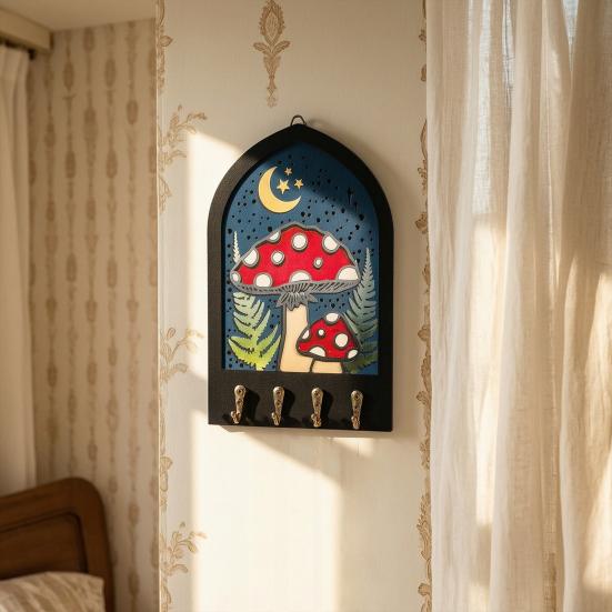 Træ Vægdekoration med 4 Metal Kroge Træ Håndmalet Skov Vægkunst til Indendørs