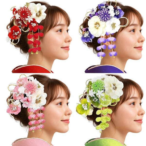 Hair Ornament Set Red and White Flower Kanzashi Chirimen Comb Style for Furisode and Hakama Two-Piece (kk-352) Tsumami-zaiku Kimono, Coming-of-Age