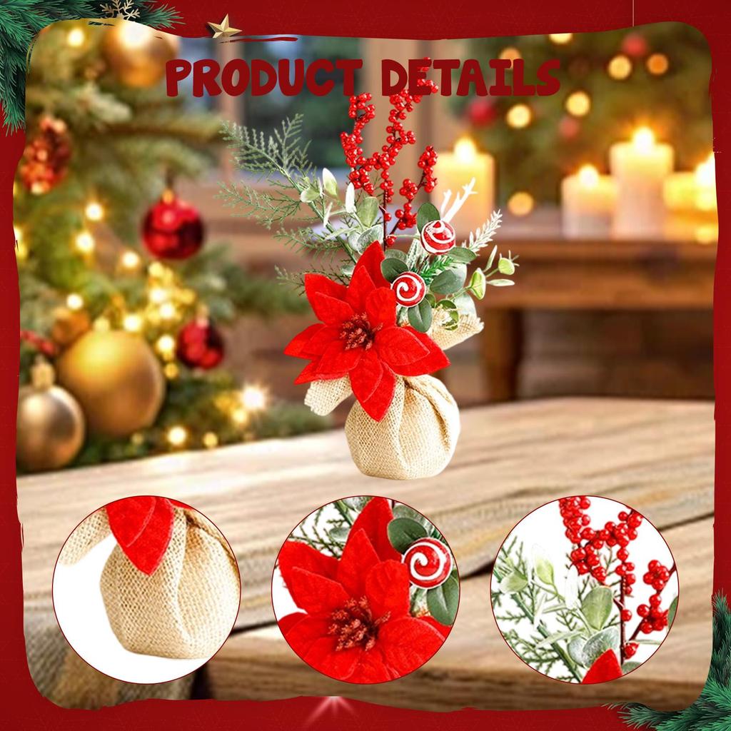 Desktop Xmas Tree Decoration with Red Berries and Burlap Base Mini Christmas Decor for Home Office Party
