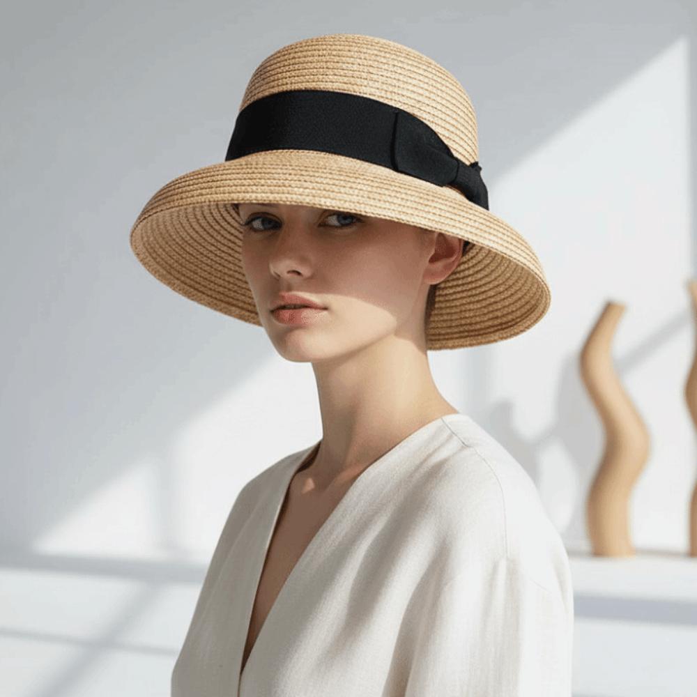 Grosgrain Ribbon Trim French Style Sun Hat Breathable Round Top Straw Topper Outdoor Horse Racing