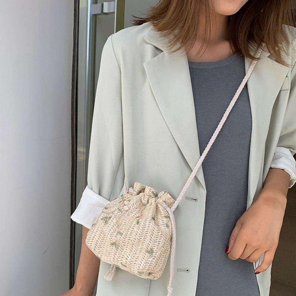Lace Drawstring Bucket Bag Elegant Woven Beach Bag Leisure Straw Bag  Vacation