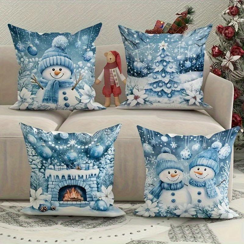 4Pcs, Winter Christmas Pillow Cover - Holiday Snowman, Tree And Fireplace Design In Blue - Machine Washable Living Room And Bedr