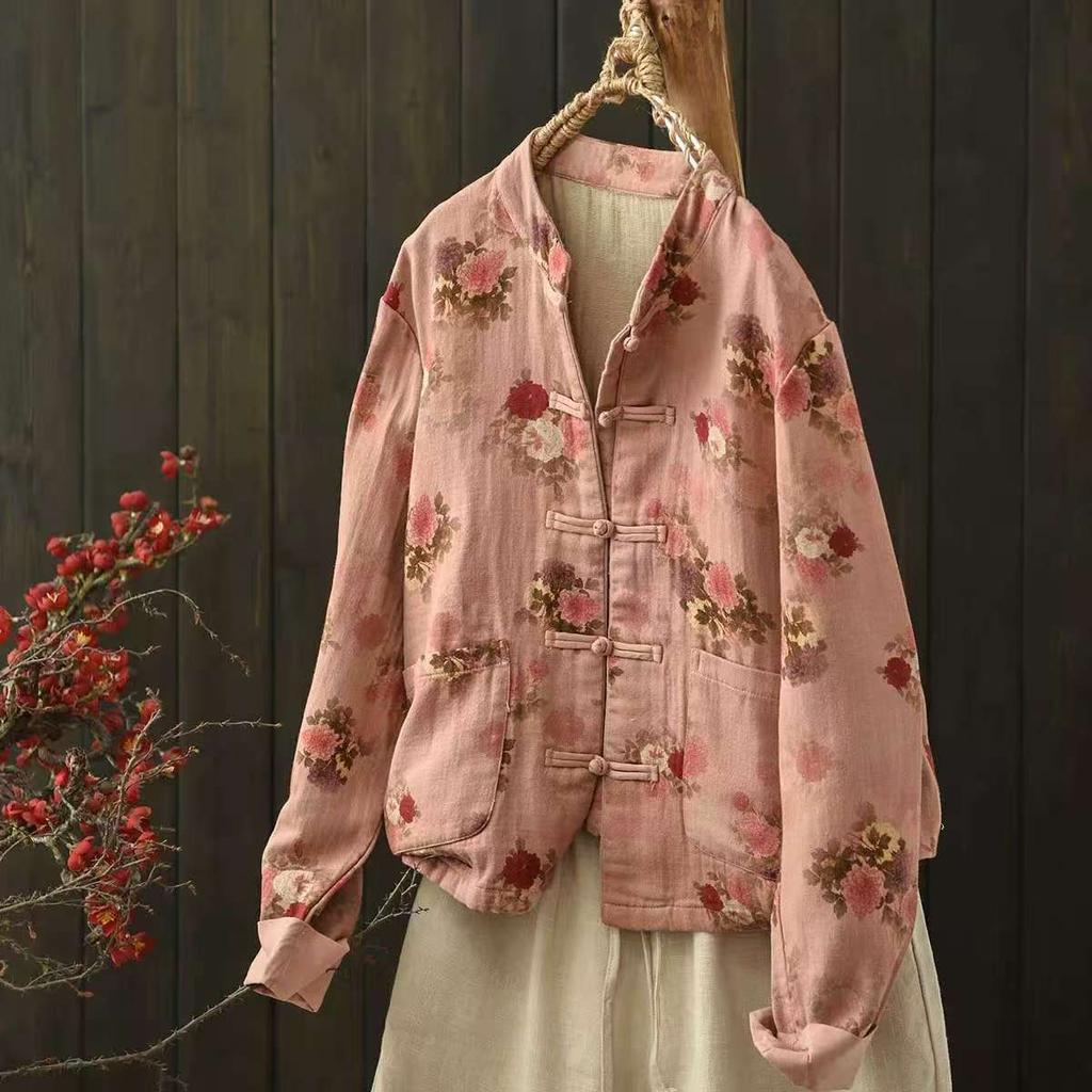 Johnature Women Vintage Print Floral Jackets Stand Long Sleeve Autumn Coats Loose Patchwork Pockets Chinese Style Jackets