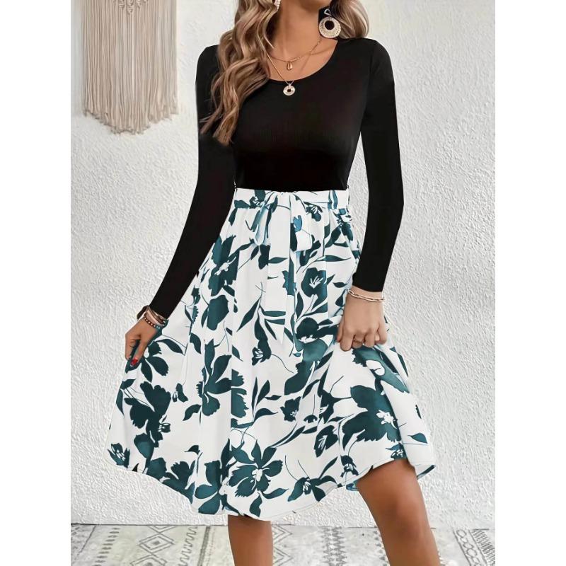 Spring and Autumn Women's Dress Printed Dresses Round Neck Tie Dresses