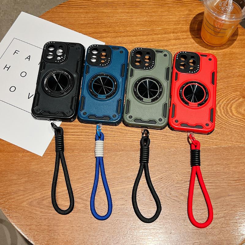 For Magsafe Magnetic 360°Rotat Metal Car Bracket Ring Lanyard Phone Case For iPhone 16 Pro Max 14 11 12 13 15 Pro Max Back Cover