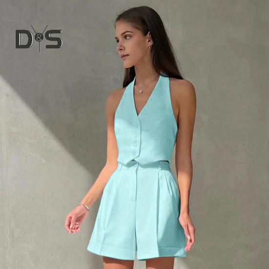 2 Pcs/Set Women Vest Shorts Suit Sleeveless Single-breasted Off Shoulder Halter Neck Button Solid Color Waistcoat High Waist Straight Knee Length