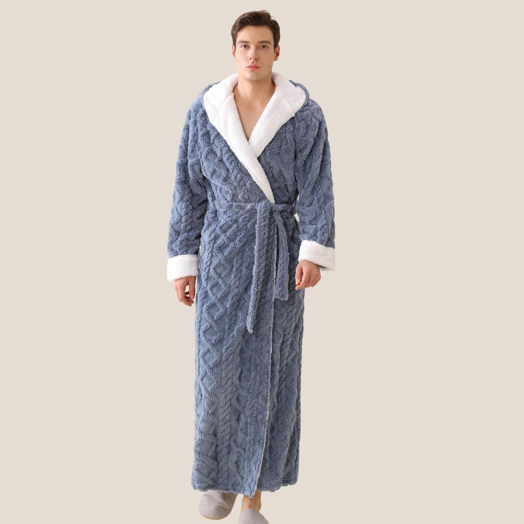 Women's Extra-Long Hooded Flannel Coral Fleece Bathrobe: Warm and Thickened for Couples