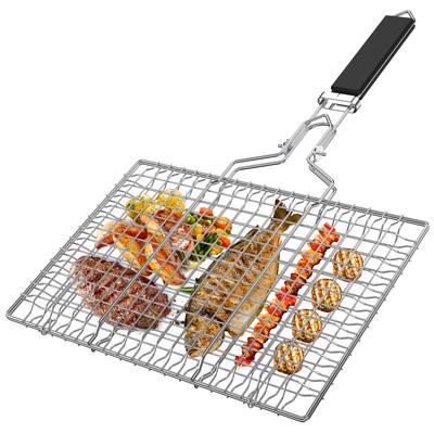 Stainless Steel Grill Basket with Easy Open/Close Lid Portable BBQ Grill Basket with Foldable Handle Large Capacity Grilling