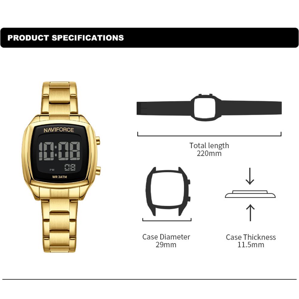 NAVIFORCE Women Digital Waterproof Watch Casual Sport Multifunction Stopwatch Gold Square Luminous Date Dial Stainless Steel Strap NF5047