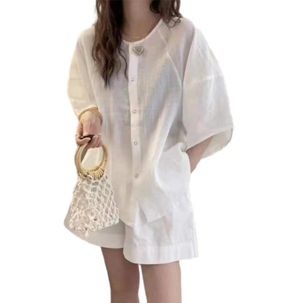 MaadeaNoeTe Short Sleeve Crew Front Solid Perfect for and Fall Women's Cotton-Linen Shirt, Blouse, Neck, Elegant, Opening, Button-Down, Simple,