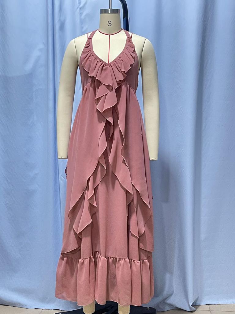 European and American style pleated ruffle edge suspender dress women's summer vacation long dress elegant irregular design skirt