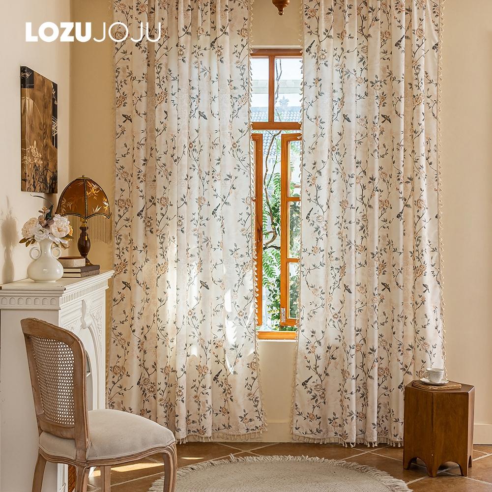 1PC LOZUJOJU French Retro Rose and Bird Print Curtains Beige Tassel Edge Semi Transparent Curtains for Bedroom Living Room Window Home Decor