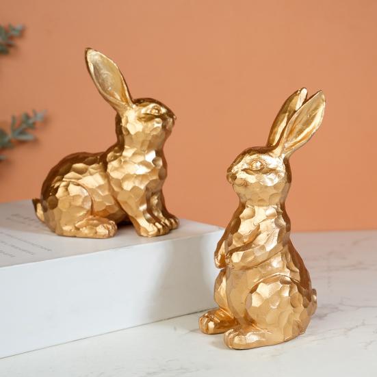 2Pcs Easter Bunny Ornament Carved Golden Rabbit Resin Figurine Animal Statue Home Office Holiday Party