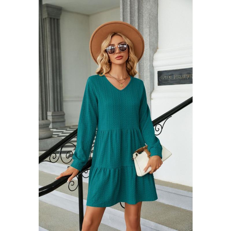 Spring and Autumn Women's Dress Solid Color V-Neck Splicing Long Sleeve Loose Dress A-line Dresses