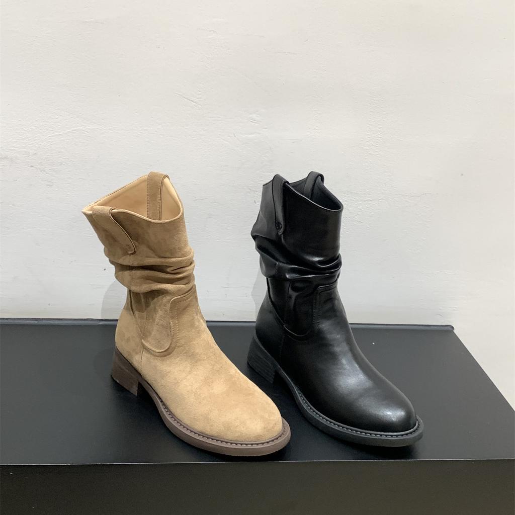 Stövel med tjock sula och V-ringning som slankar benet, damskor 2025 vår och höst, enkla stövlar, Western cowboy pile boots, kängor