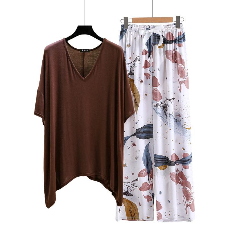 irregular Tshirt and floral wide leg pants summer women's casual pajamas sets Short sleeve homewear suit Loose lightweight Loungwear Plus size