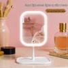 Portable LED Makeup Mirror with Charging and Touch Control, Adjustable Three-Speed Dimming, Square and Round Tray Design.