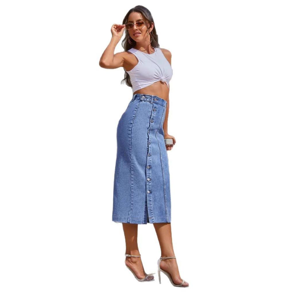 Women's European and American Casual High Waist Irregular Slit Denim Midi Skirt