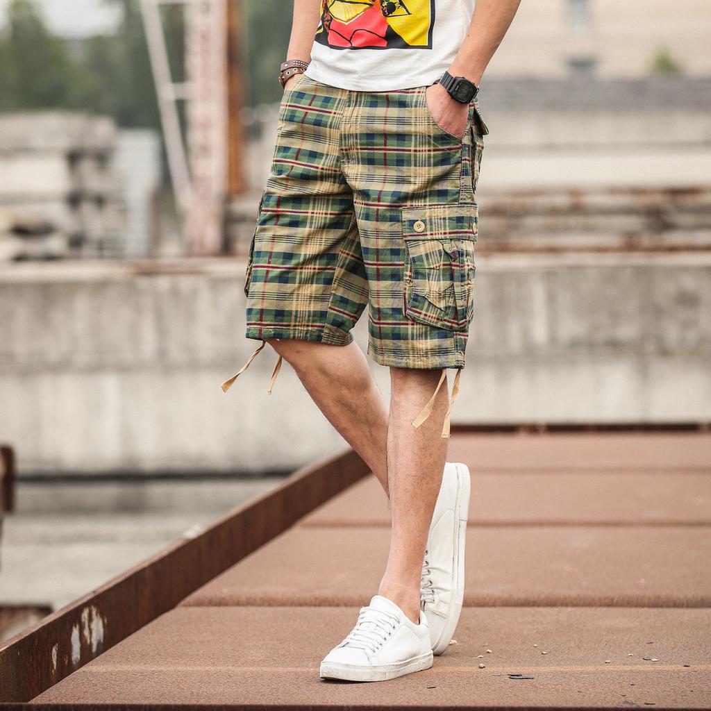 Summer Men's Medium Pants Cotton Comfortable Outdoor Sports Beach Pants Trend Plaid Shorts Loose Straight Large Size Cargo Pants