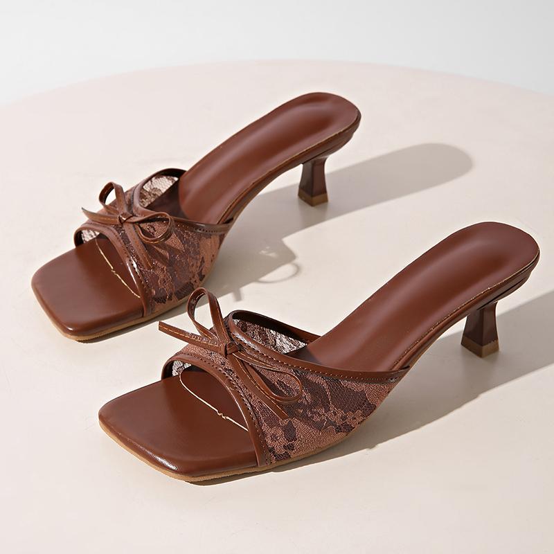 Bowtie Decor Wine Red High Heel Sandals for Women Lace Flower Embroidery Summer Sandals Woman Thin Heels Party Shoes 35
