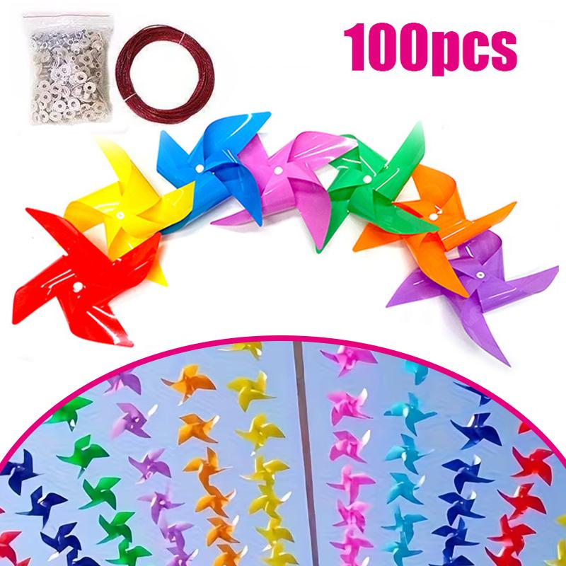 100Pcs Plastic Pinwheels Fiesta Flag Party Supply Hanging Windmill With 30 Metres Rope Home Garden Indoor Outside Decoration