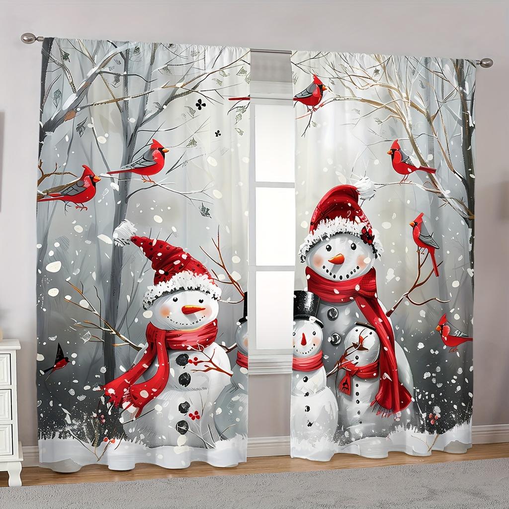 2 Pcs Christmas Snowman & Red Bird Curtains – Polyester Rod Pocket Design for Living Room Bedroom Kitchen Study Decor