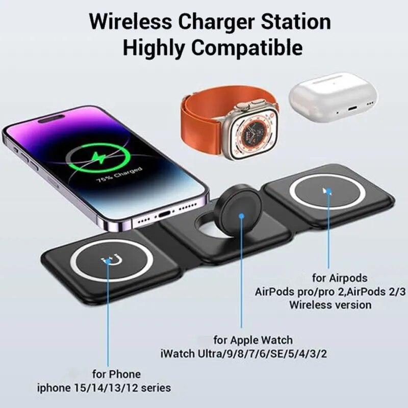 Foldalble Magnetic Wireless Charger Pad 3 in 1 Fast Charging Station for iPhone 15 14 13 12 Pro Max Apple Watch 8 7 6 AirPods