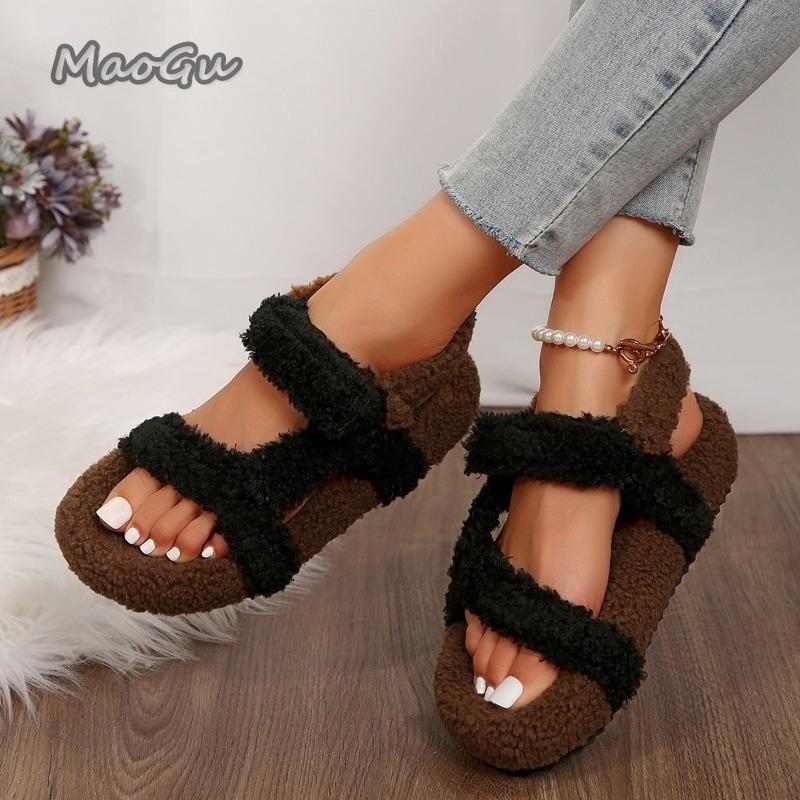 Comfortable Fluffy Slippers for Women Indoor Shoes Thick Flat Bottom Lightweight Short Plush Sandals Autumn Winter Women's Shoes
