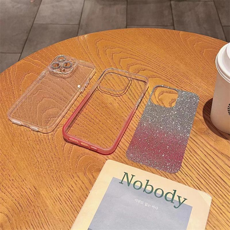 Luxury Gradient Color Glitter Paper 2-in-1 Case for iPhone 15 Pro Max 14 13 12 Pro 11 Full Cover with Glitter Lens Film Cover