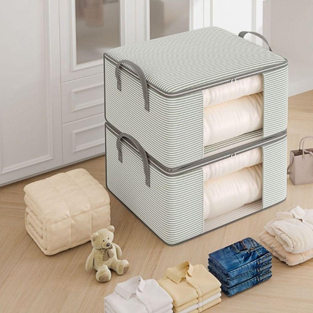 Non-Woven Fabric Striped Visible Storage Bag Moisture-Proof Dust-proof Quilt Storage Box with Handles Space Saving