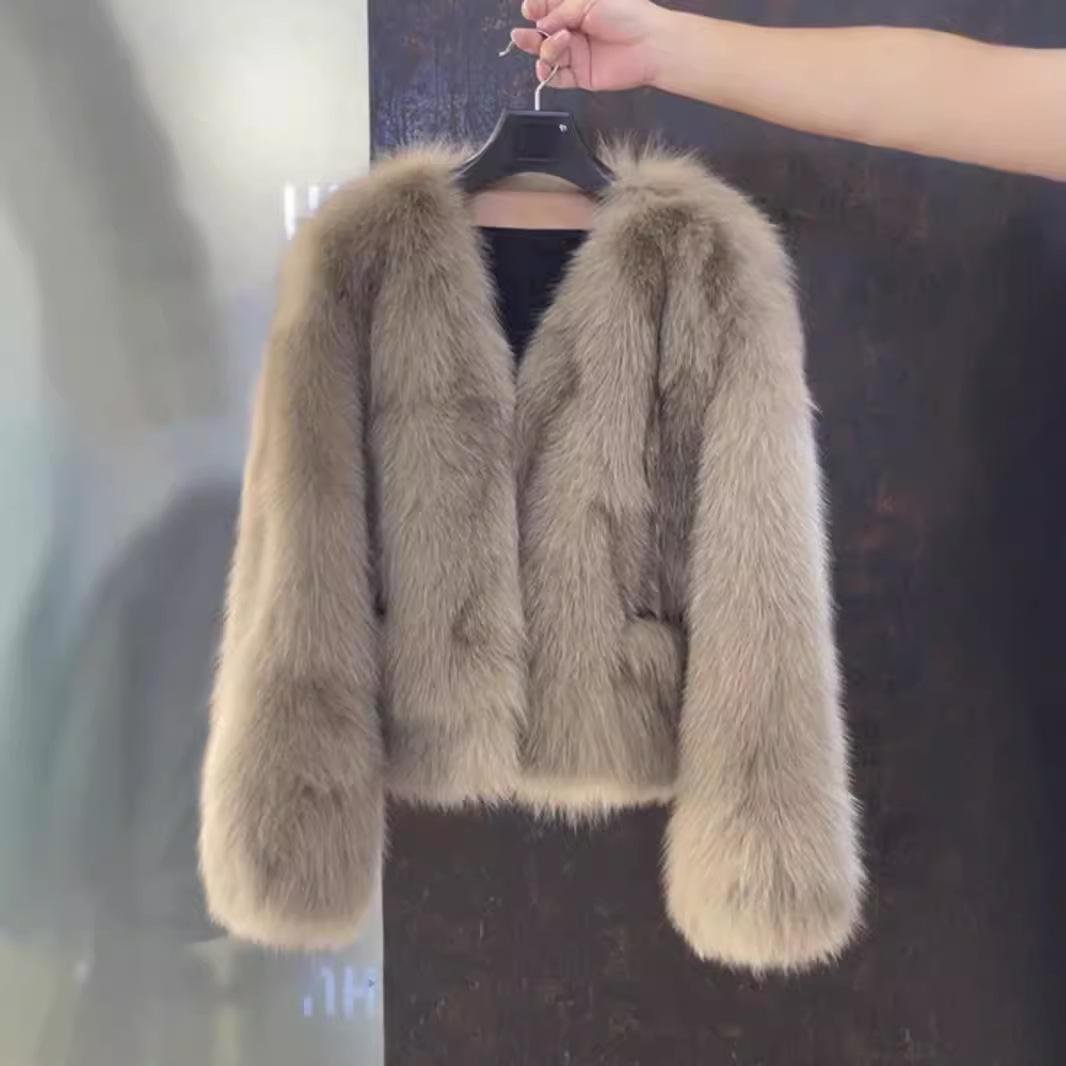 

Куртка из искусственного меха лисы высокого класса, короткая, зимняя, теплая, маленькая, с темпераментом, модная, пушистая, женская, легкая, роскошная, топ S какао