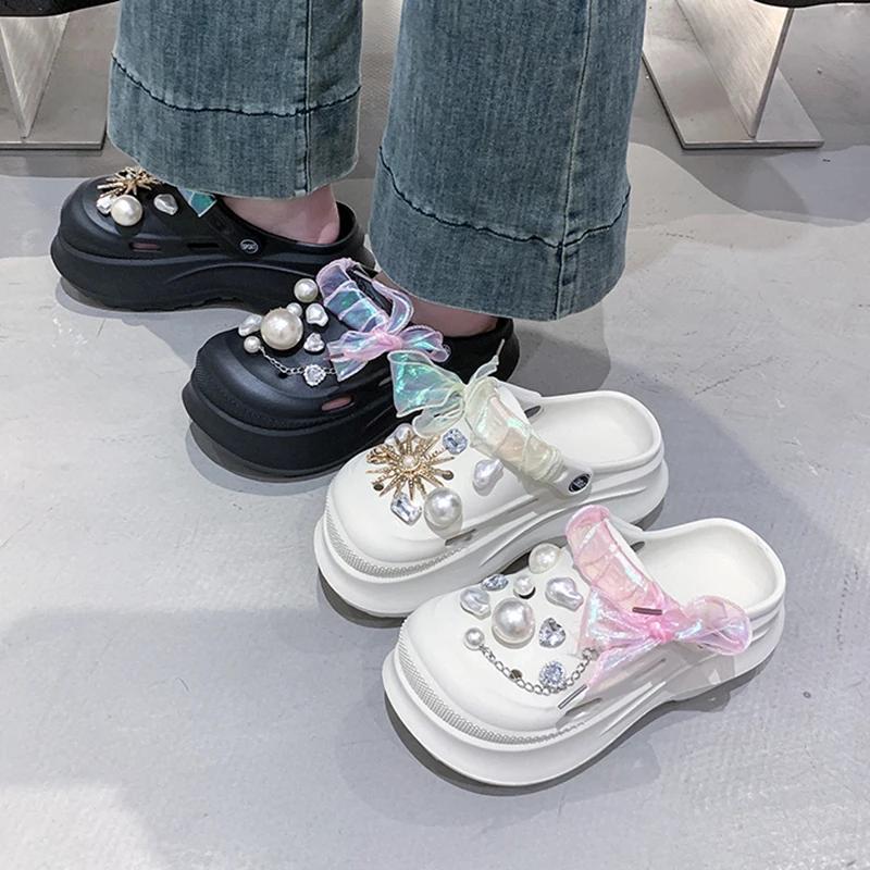 Fashion Pearl Decor Women's Diy Clogs Sandals Summer 2025 Wedge Platform Sandals Woman Fashion Ribbon Thick Sole Garden Shoes Women