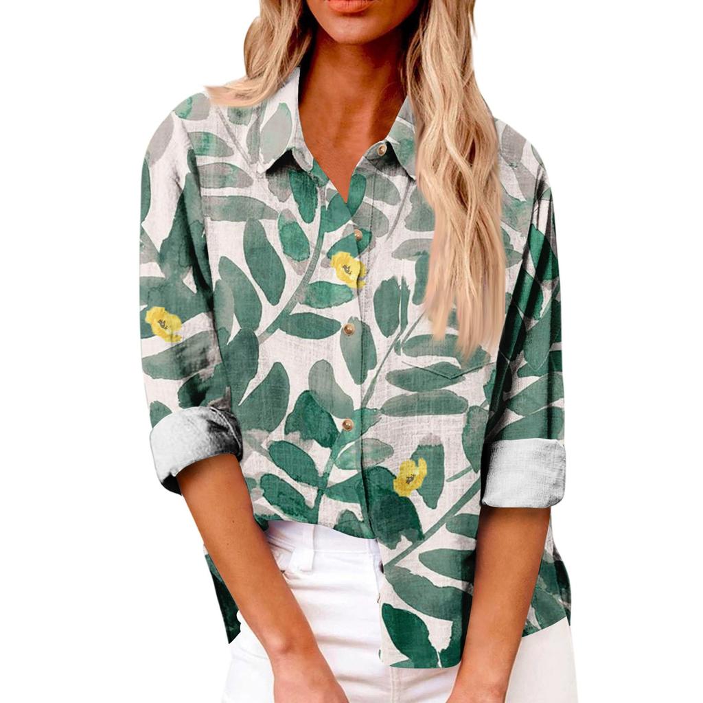 Women's Loose Floral Print Stand Collar Long Sleeve Cotton And Linen Top