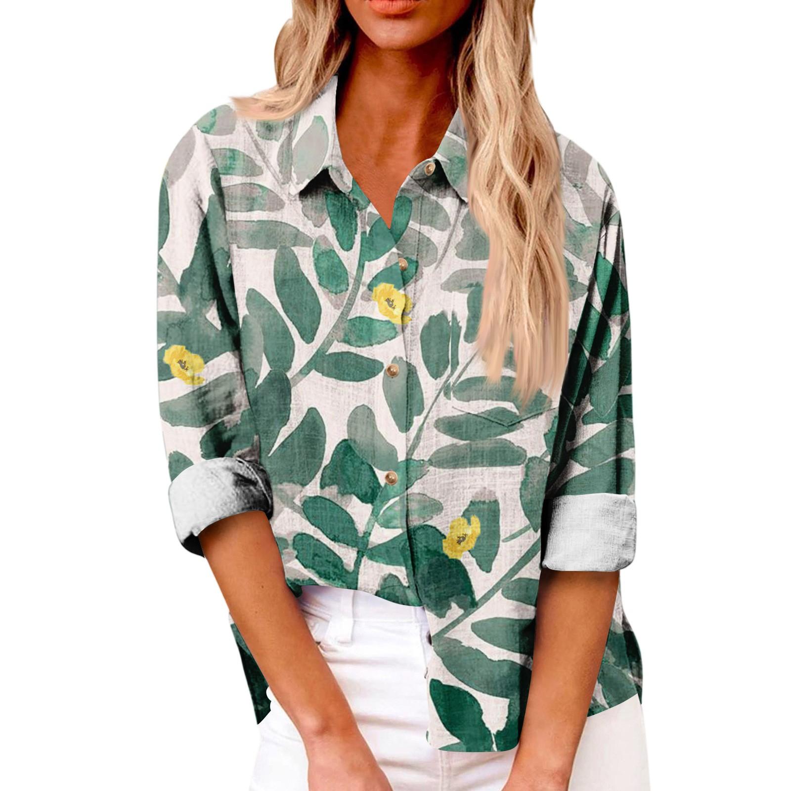 Women s Loose Floral Print Stand Collar Long Sleeve Cotton And Linen Top L