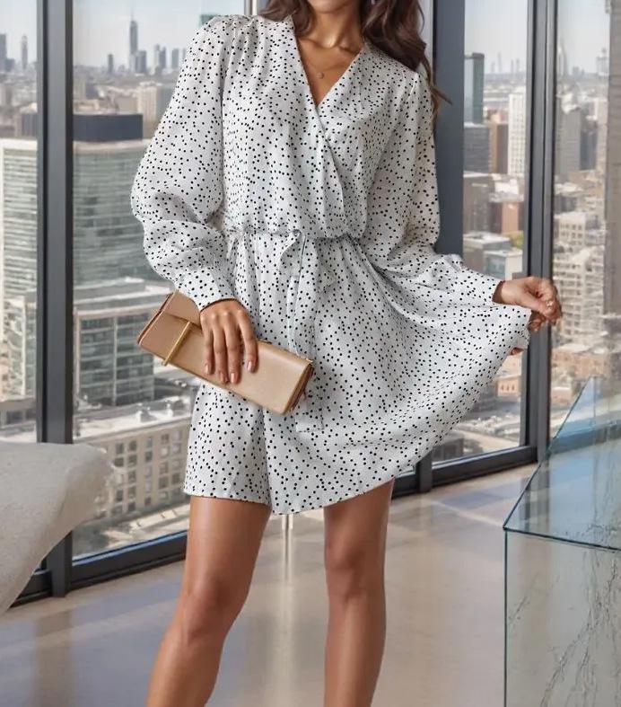 

European Chic Black V-Neck Polka Dot Chiffon Dress - Women s Waist-Slimming Short Skirt for Early Autumn Large білий