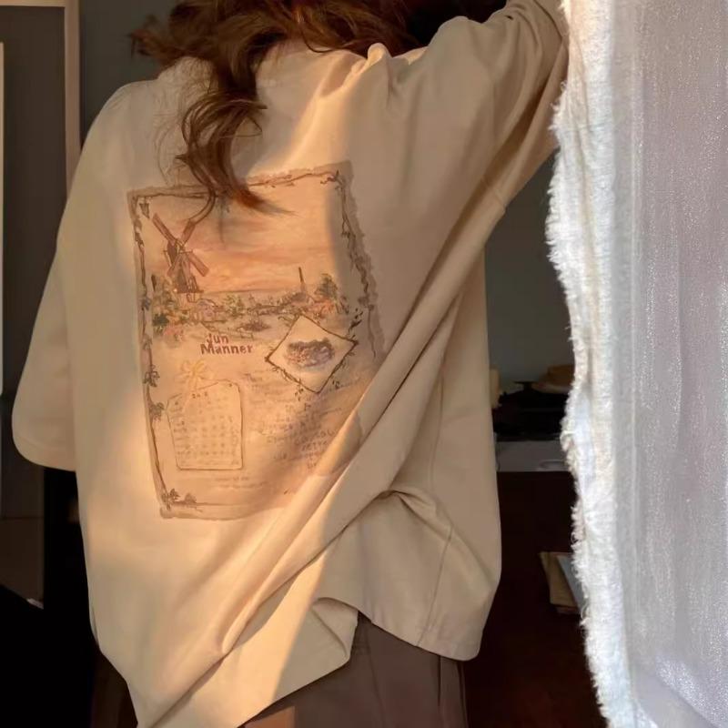 Summer Vintage Round Neck Casual Fashion Pullover Cotton T-shirt Ladies Short Sleeve Loose All-match Tee Top