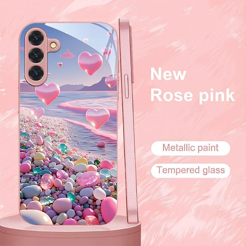 Pink heart-shaped candy beach pattern glass phone case suitable for Samsung Galaxy S26 S25 S24 S22 S21 S20 FE Ultra Plus
