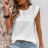 Ladies Summer Cap Sleeve O Neck Hollow Wave Striped Solid Color Pullover T Shirt Top