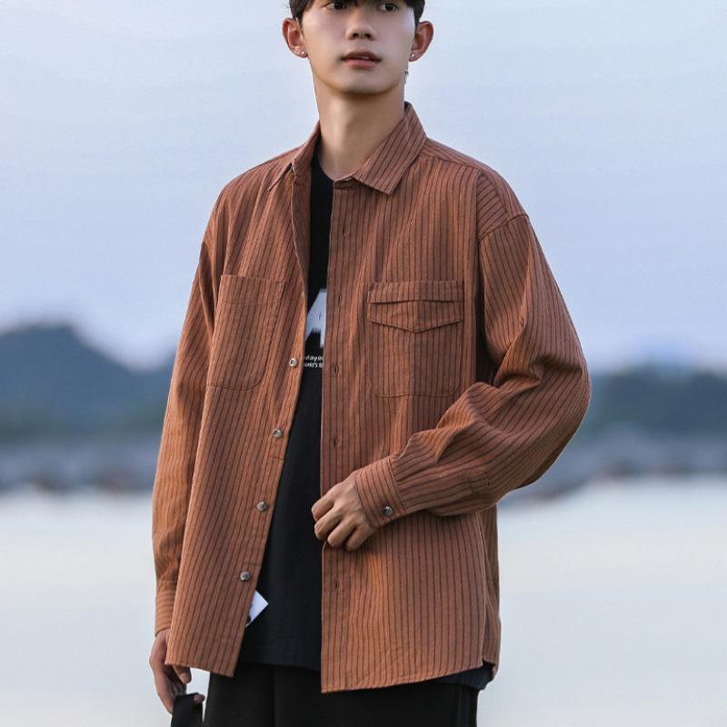 Spring and Autumn Men's New Lar Loose Casual Striped Long Sleeve Shirt