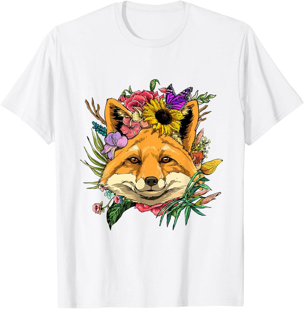 Floraler Fuchs Kopf Cottagecore Ästhetik T-Shirt Niedliches Tierliebhaber Grafik T-Shirt Frühling Herbst